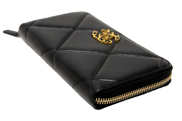 Chanel 19 Black Quilted Lambskin Leather Long Zip Around Wallet