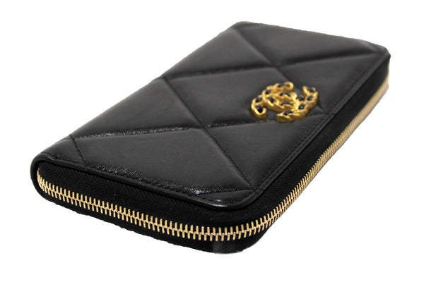 Chanel 19 Black Quilted Lambskin Leather Long Zip Around Wallet