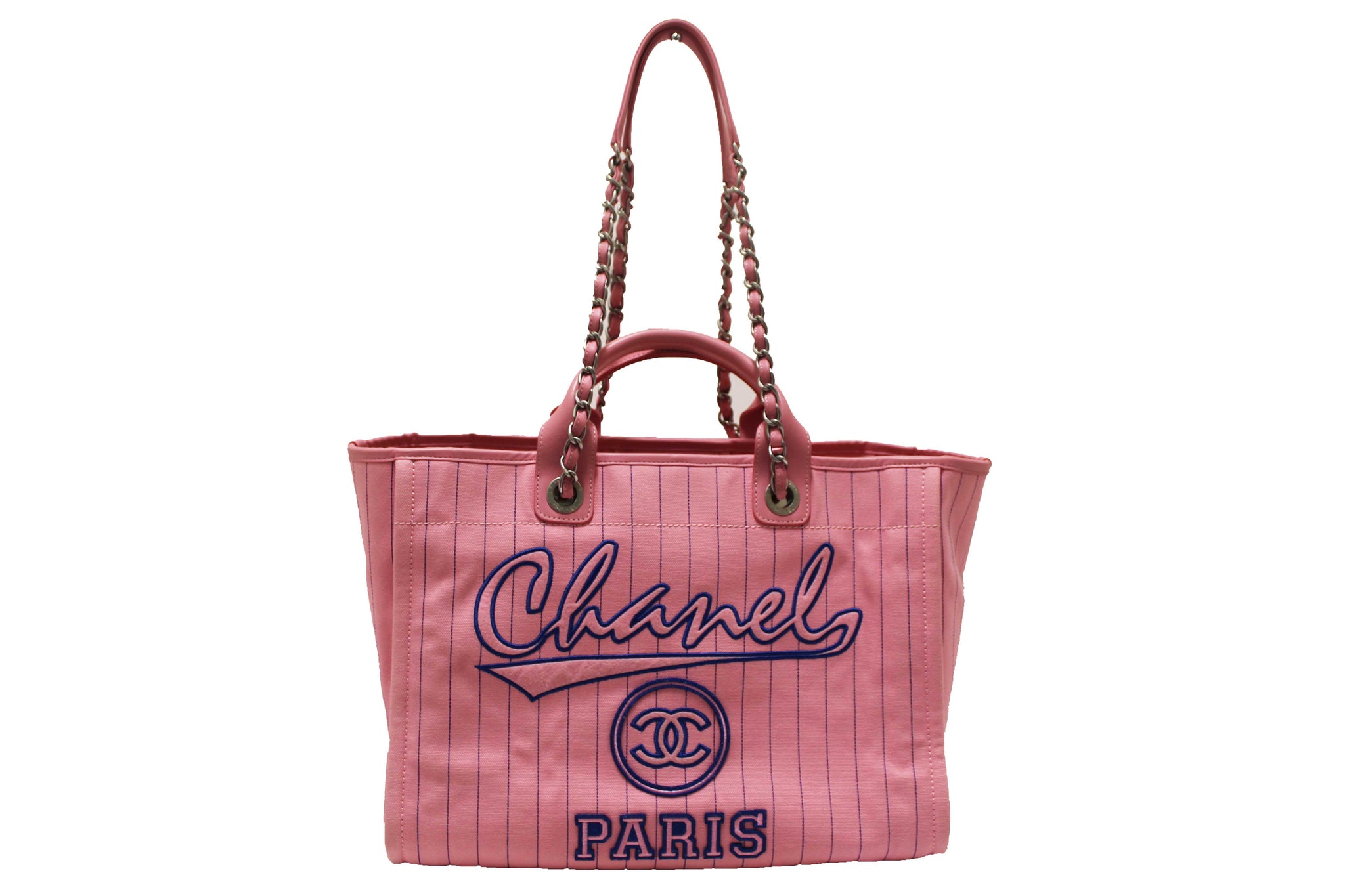 Chanel Pink Pinstripe Canvas Medium Deauville Shopping Tote