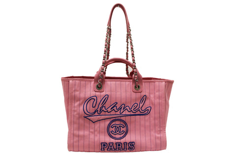 Chanel Pink Pinstripe Canvas Medium Deauville Shopping Tote
