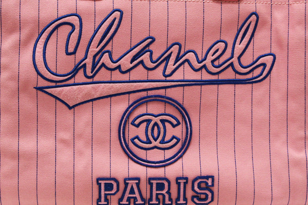 Chanel Pink Pinstripe Canvas Medium Deauville Shopping Tote