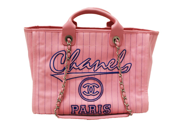 Chanel Pink Pinstripe Canvas Medium Deauville Shopping Tote