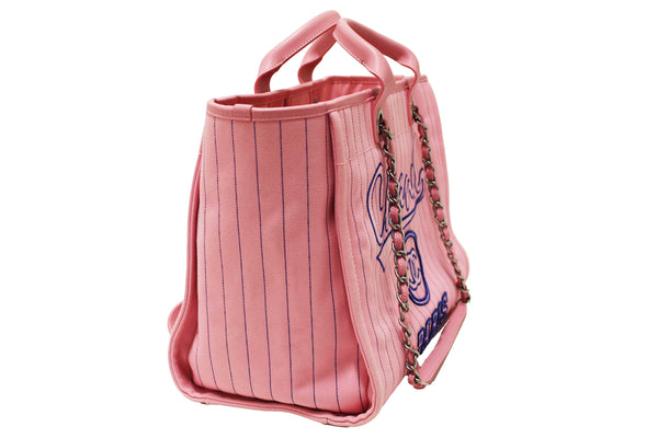 Chanel Pink Pinstripe Canvas Medium Deauville Shopping Tote