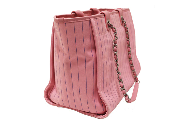 Chanel Pink Pinstripe Canvas Medium Deauville Shopping Tote