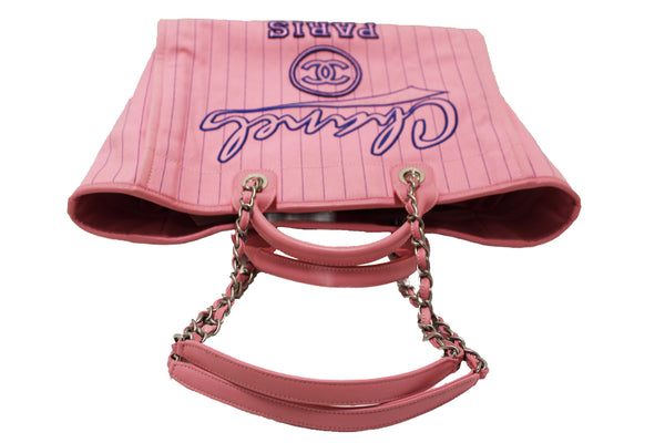 Chanel Pink Pinstripe Canvas Medium Deauville Shopping Tote