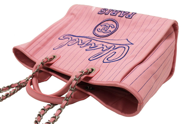 Chanel Pink Pinstripe Canvas Medium Deauville Shopping Tote