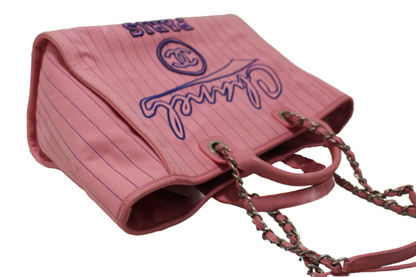 Chanel Pink Pinstripe Canvas Medium Deauville Shopping Tote