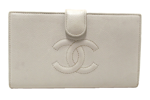 Chanel Vintage White Caviar CC Leather Classic Long Wallet