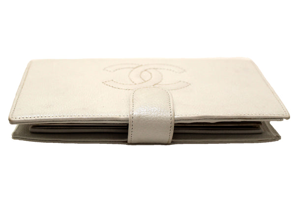 Chanel Vintage White Caviar CC Leather Classic Long Wallet