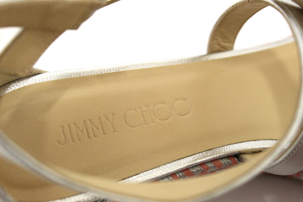 NEW Jimmy Choo Silver Nappa Leather Espadrille Wedge Sandal 39