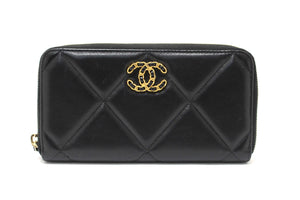 Chanel 19 Black Quilted Lambskin Leather Long Zip Around Wallet