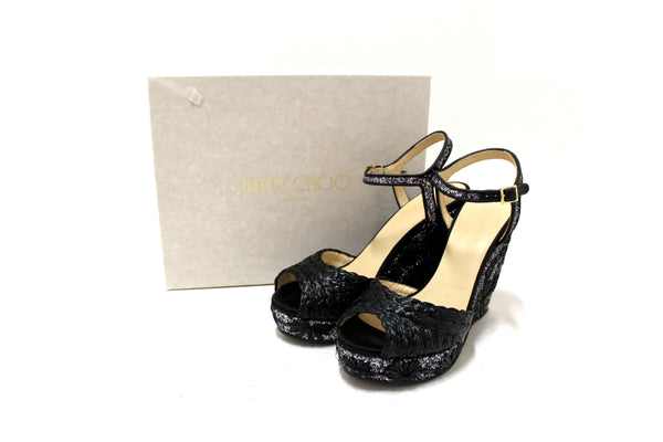 Jimmy Choo Black Raffia with Raffia Embroidered Glitter Wedge Size 39