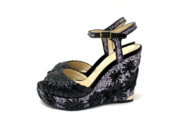 Jimmy Choo Black Raffia with Raffia Embroidered Glitter Wedge Size 39