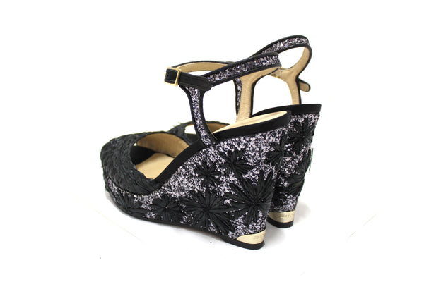 Jimmy Choo Black Raffia with Raffia Embroidered Glitter Wedge Size 39