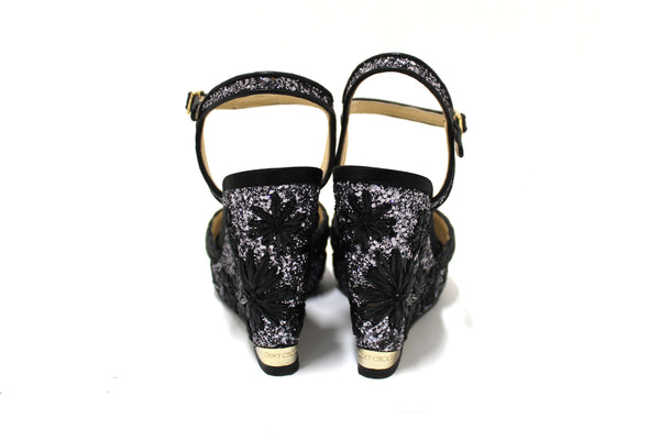 Jimmy Choo Black Raffia with Raffia Embroidered Glitter Wedge Size 39