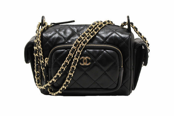 Chanel Black Shiny Crumpled Lambskin Quilted Small Preppy Pocket Camera Case Bag