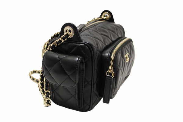 Chanel Black Shiny Crumpled Lambskin Quilted Small Preppy Pocket Camera Case Bag
