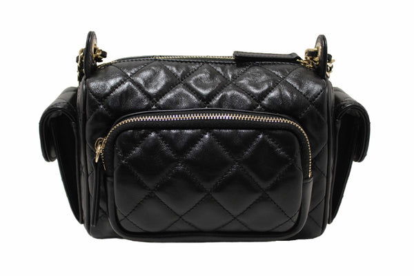 Chanel Black Shiny Crumpled Lambskin Quilted Small Preppy Pocket Camera Case Bag