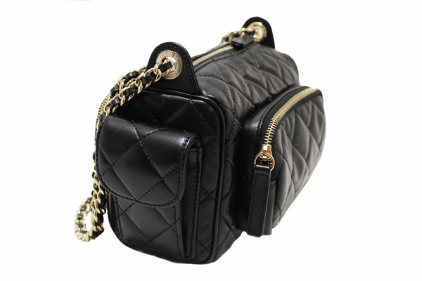 Chanel Black Shiny Crumpled Lambskin Quilted Small Preppy Pocket Camera Case Bag