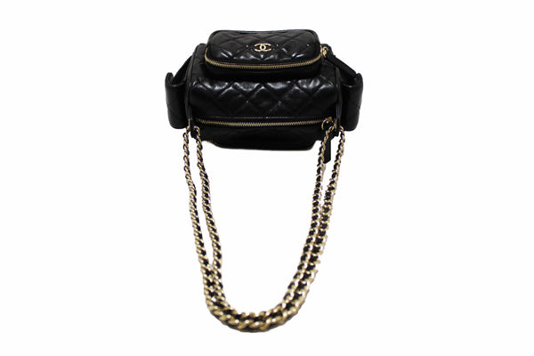 Chanel Black Shiny Crumpled Lambskin Quilted Small Preppy Pocket Camera Case Bag
