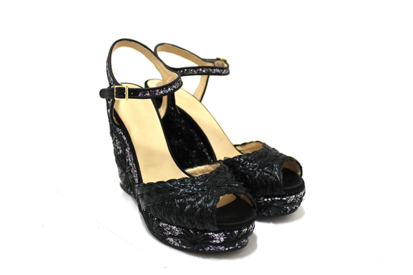 Jimmy Choo Black Raffia with Raffia Embroidered Glitter Wedge Size 39