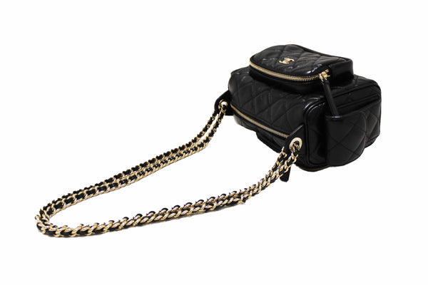 Chanel Black Shiny Crumpled Lambskin Quilted Small Preppy Pocket Camera Case Bag