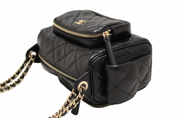 Chanel Black Shiny Crumpled Lambskin Quilted Small Preppy Pocket Camera Case Bag
