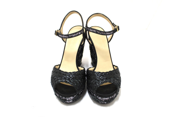 Jimmy Choo Black Raffia with Raffia Embroidered Glitter Wedge Size 39