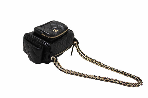 Chanel Black Shiny Crumpled Lambskin Quilted Small Preppy Pocket Camera Case Bag