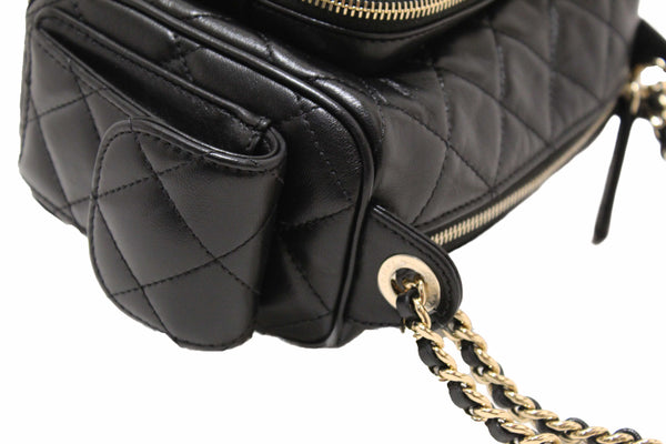Chanel Black Shiny Crumpled Lambskin Quilted Small Preppy Pocket Camera Case Bag