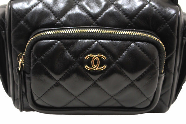 Chanel Black Shiny Crumpled Lambskin Quilted Small Preppy Pocket Camera Case Bag