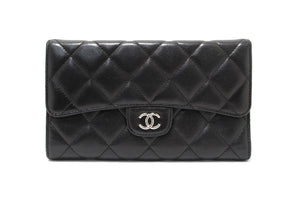 Chanel Black Quilted Lambskin Leather Trifold Flap Wallet