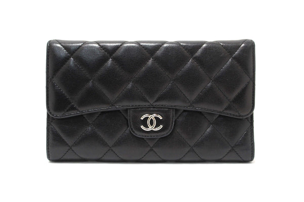 Chanel Black Quilted Lambskin Leather Trifold Flap Wallet