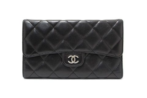 Chanel Black Quilted Lambskin Leather Trifold Flap Wallet