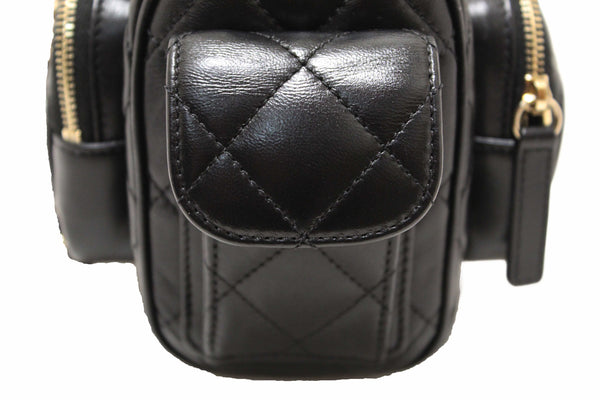 Chanel Black Shiny Crumpled Lambskin Quilted Small Preppy Pocket Camera Case Bag