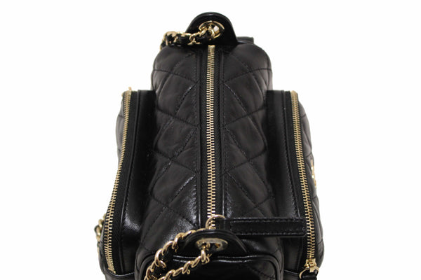 Chanel Black Shiny Crumpled Lambskin Quilted Small Preppy Pocket Camera Case Bag