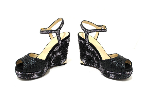 Jimmy Choo Black Raffia with Raffia Embroidered Glitter Wedge Size 39