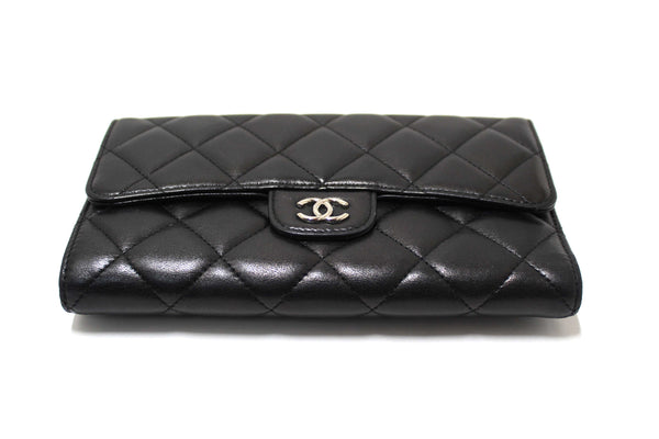 Chanel Black Quilted Lambskin Leather Trifold Flap Wallet
