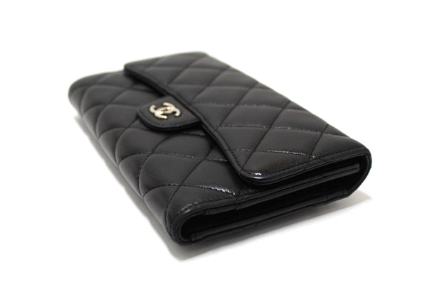 Chanel Black Quilted Lambskin Leather Trifold Flap Wallet