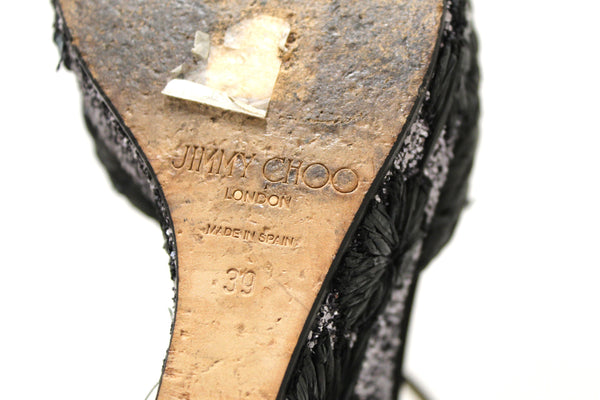 Jimmy Choo Black Raffia with Raffia Embroidered Glitter Wedge Size 39