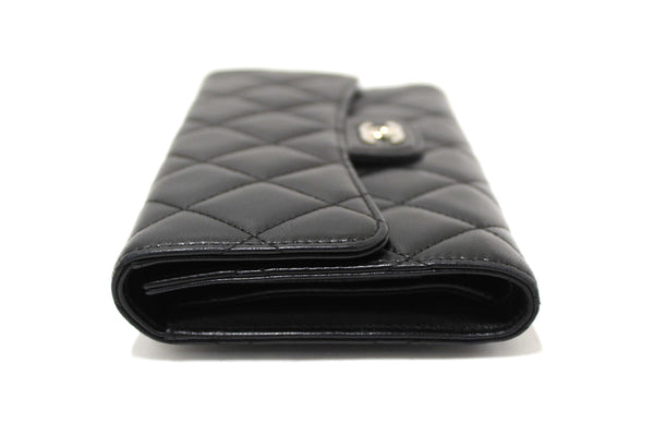 Chanel Black Quilted Lambskin Leather Trifold Flap Wallet