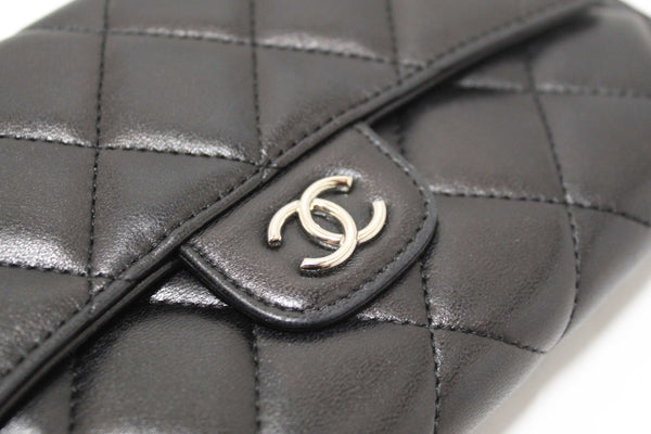 Chanel Black Quilted Lambskin Leather Trifold Flap Wallet