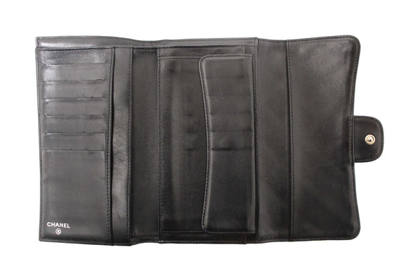 Chanel Black Quilted Lambskin Leather Trifold Flap Wallet