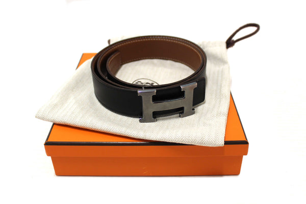 Hermes Black/Brown Leather H Belt Buckle Reversible Belt size 85