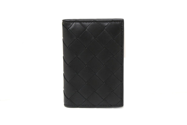 NEW Bottega Veneta Black Intrecciato Calfskin Leather Card Case with Blue Contrasted Interior