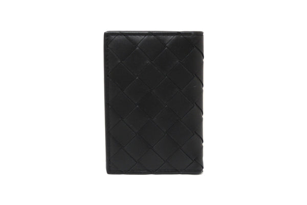 NEW Bottega Veneta Black Intrecciato Calfskin Leather Card Case with Blue Contrasted Interior