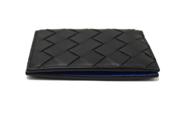 NEW Bottega Veneta Black Intrecciato Calfskin Leather Card Case with Blue Contrasted Interior