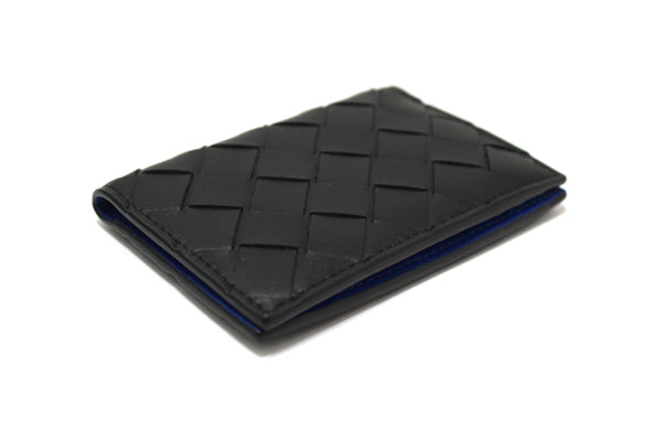 NEW Bottega Veneta Black Intrecciato Calfskin Leather Card Case with Blue Contrasted Interior