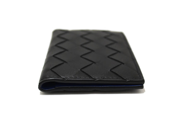 NEW Bottega Veneta Black Intrecciato Calfskin Leather Card Case with Blue Contrasted Interior