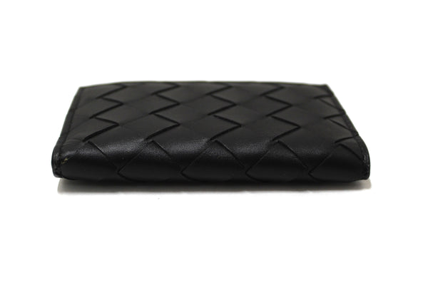 NEW Bottega Veneta Black Intrecciato Calfskin Leather Card Case with Blue Contrasted Interior